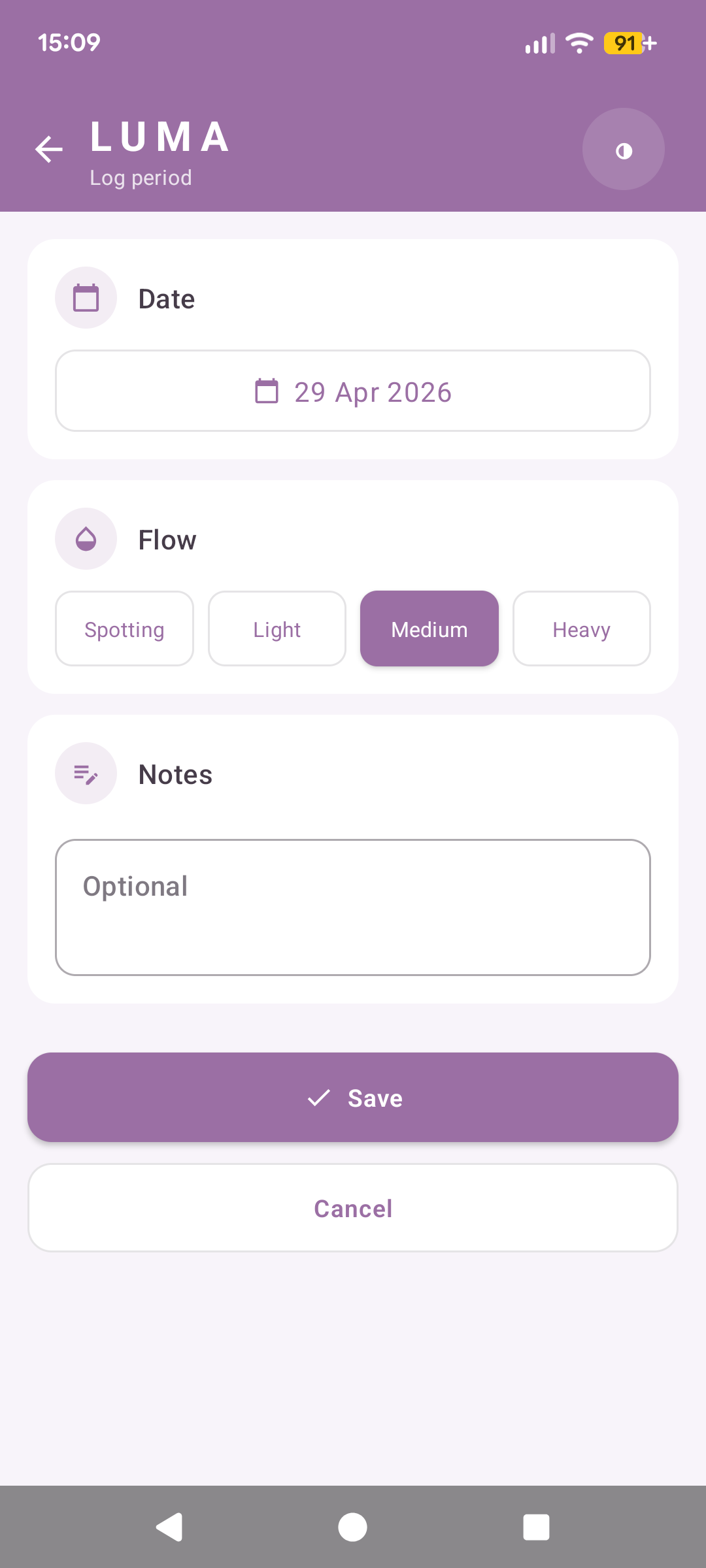 Luma log period screen showing date picker set to 29 Apr 2026, flow selector with Medium selected, and an optional notes field