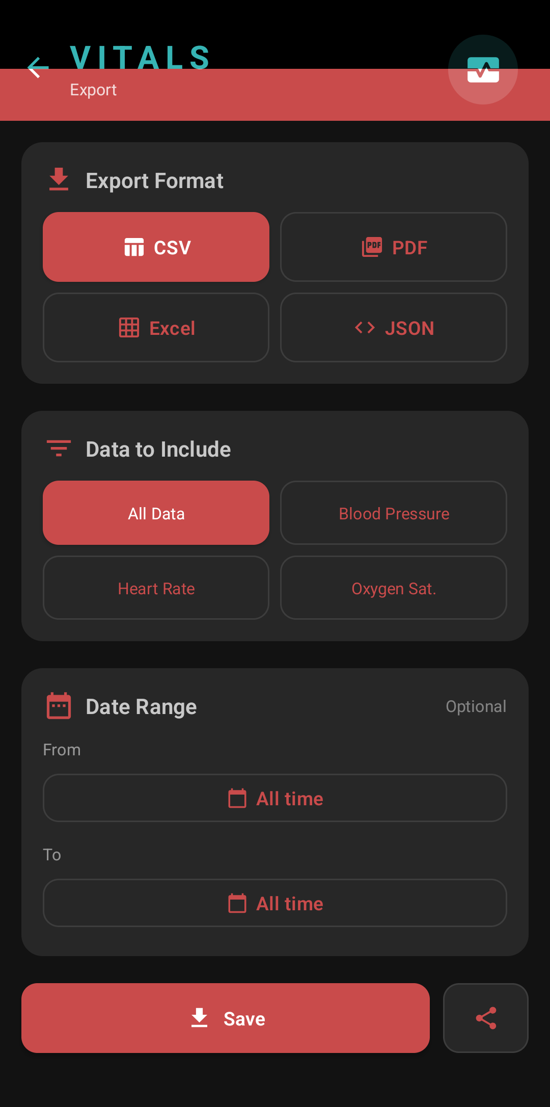 Vitals export screen (dark mode) — same export options shown in the dark theme