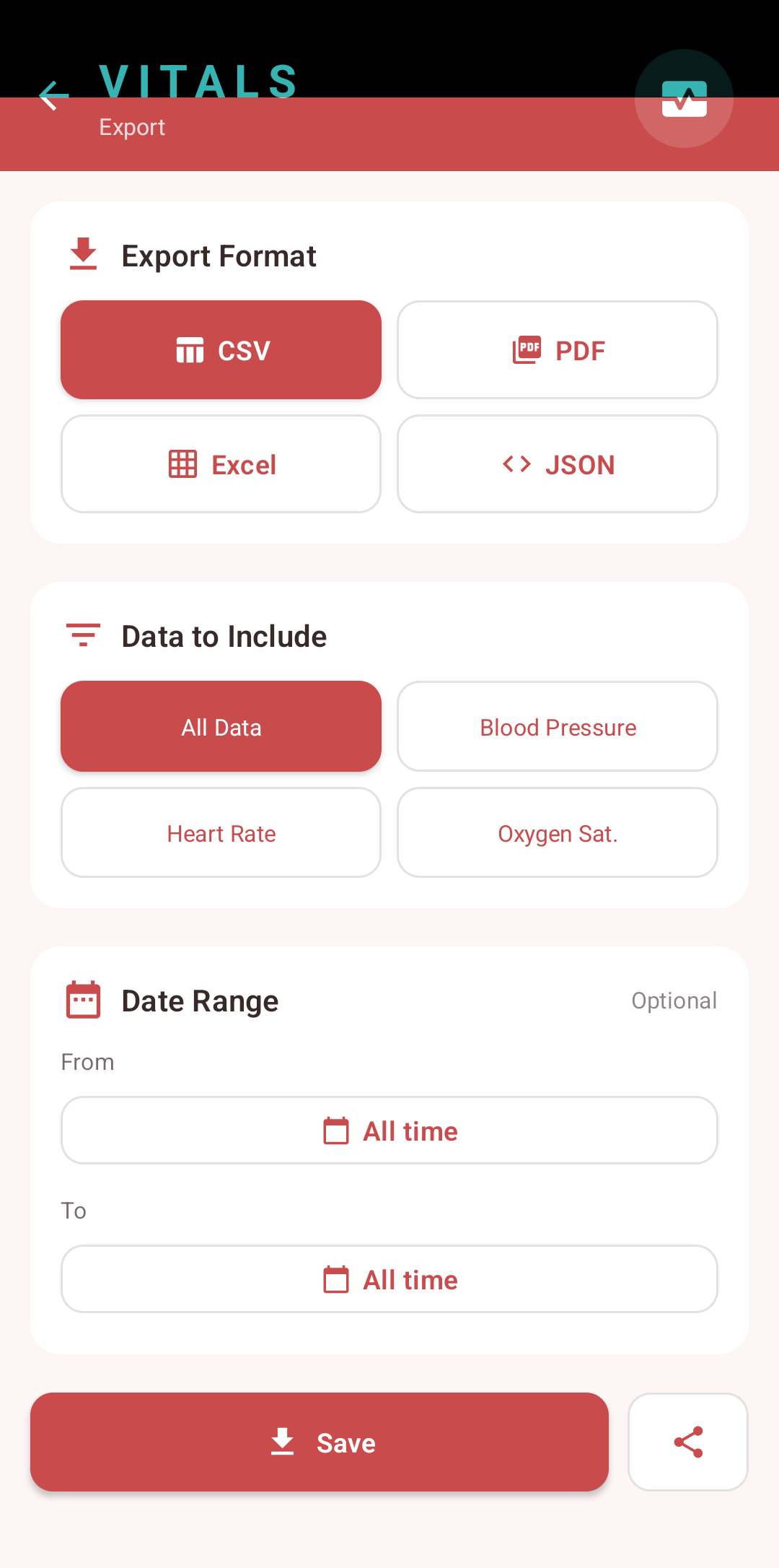 Vitals app — Export screen