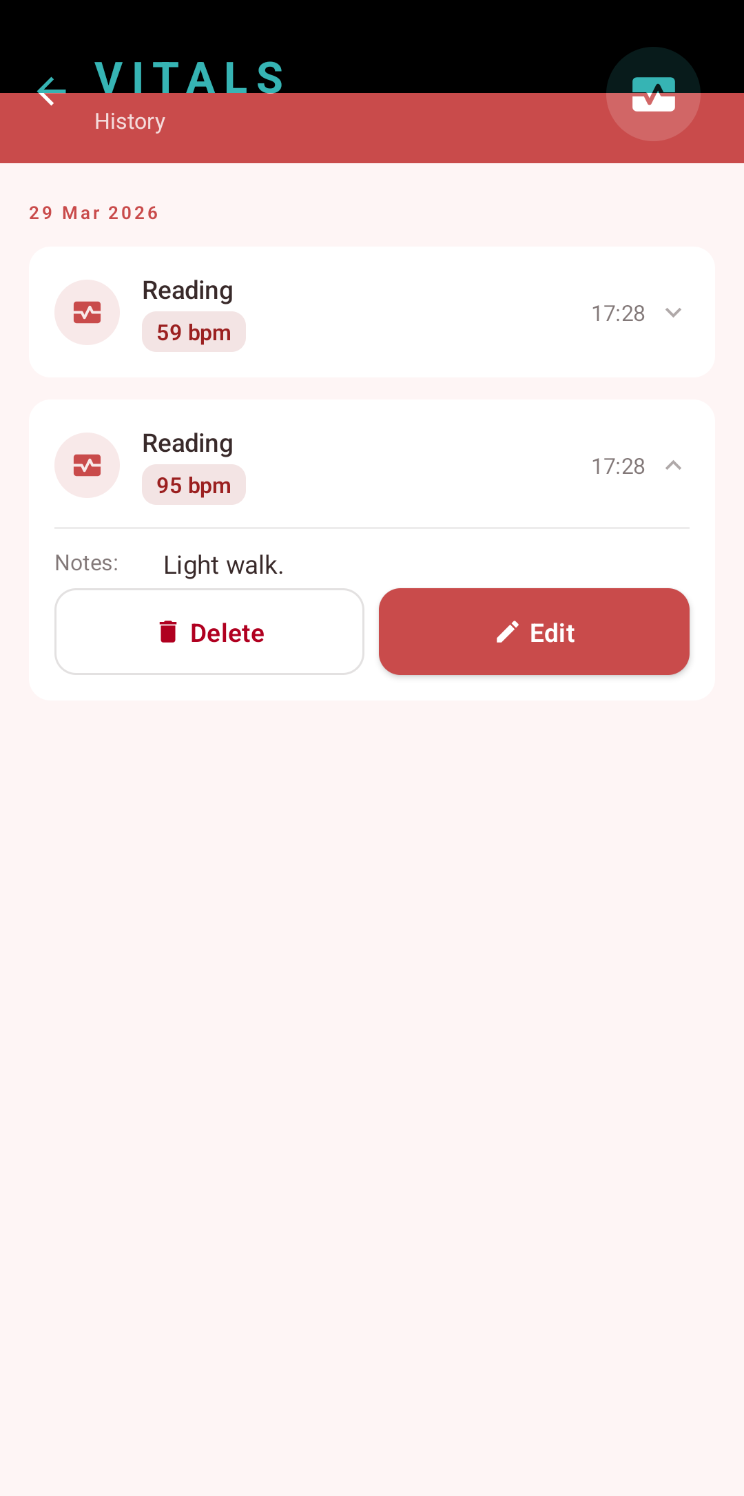 Vitals history screen — showing dated readings with heart rate values, a notes field, and edit and delete options
