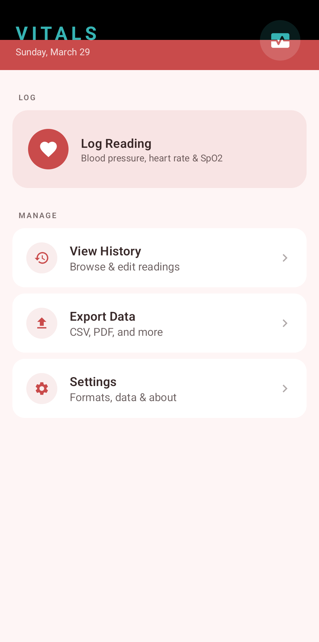 Vitals app — Home screen